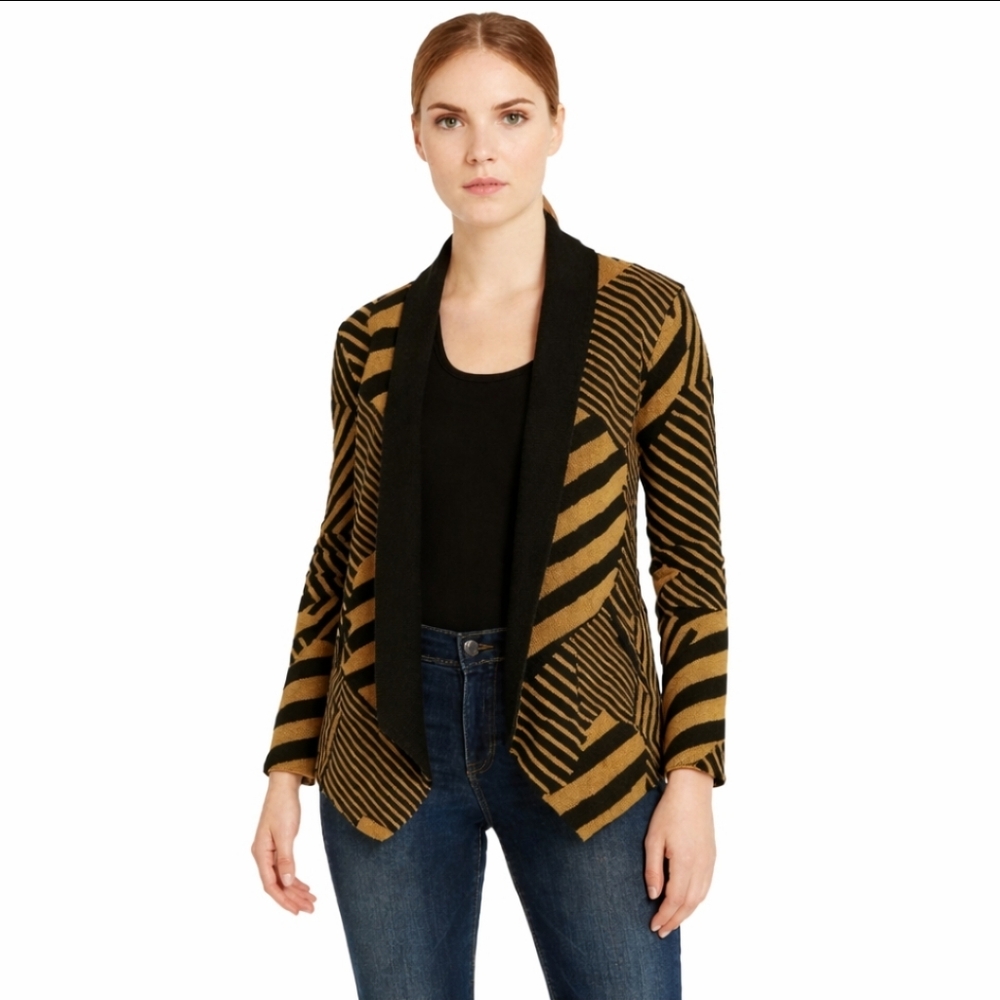 Chicos Black And Tan Striped Faux Leather Detail Open Cardigan Chicos Size 2
